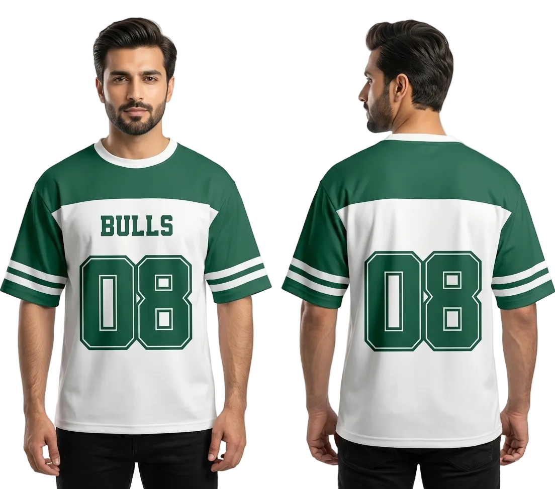 Green and white sports jersey with 'Bulls' and number '08' on a white background