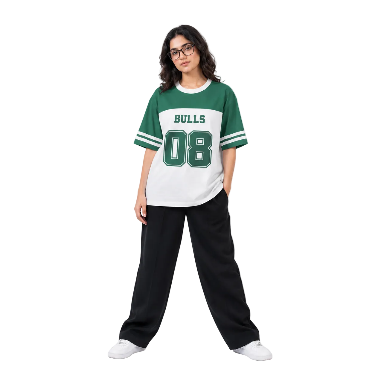 Person wearing a green and white 'Bulls 08' jersey on a white background