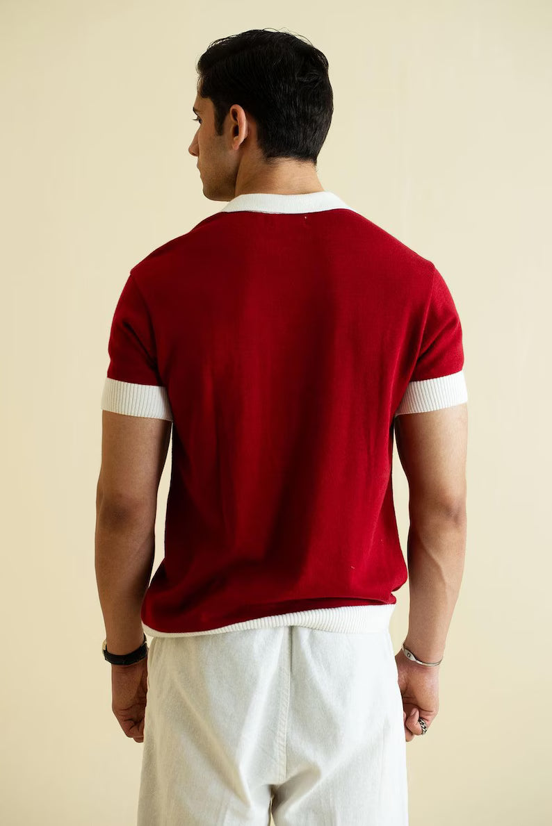 Vintage-Inspired Red Knit Polo Shirt