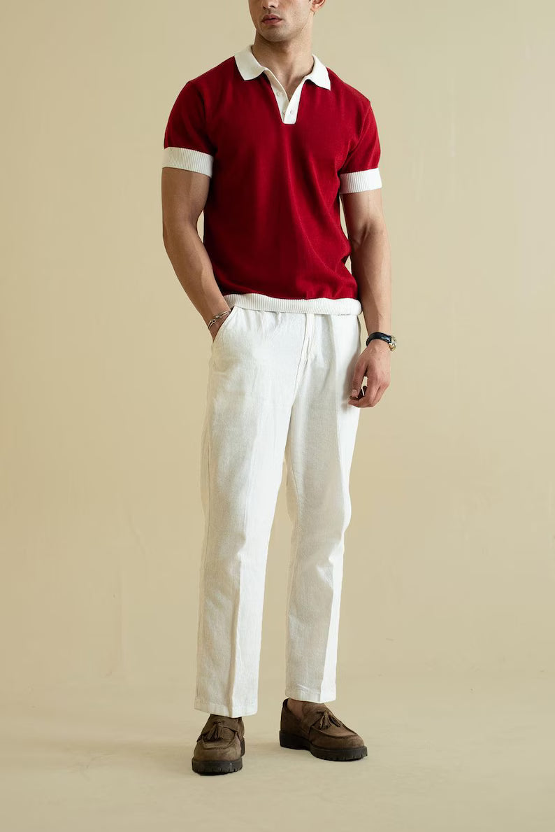 Vintage-Inspired Red Knit Polo Shirt