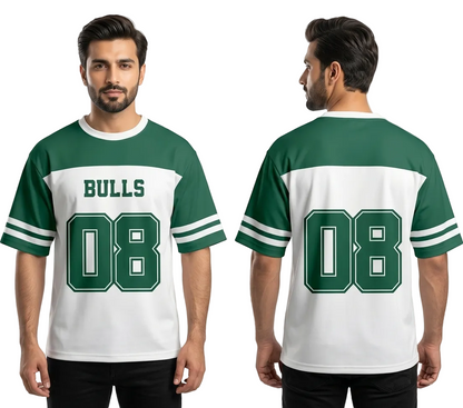 Green and white sports jersey with 'Bulls' and number '08' on a white background