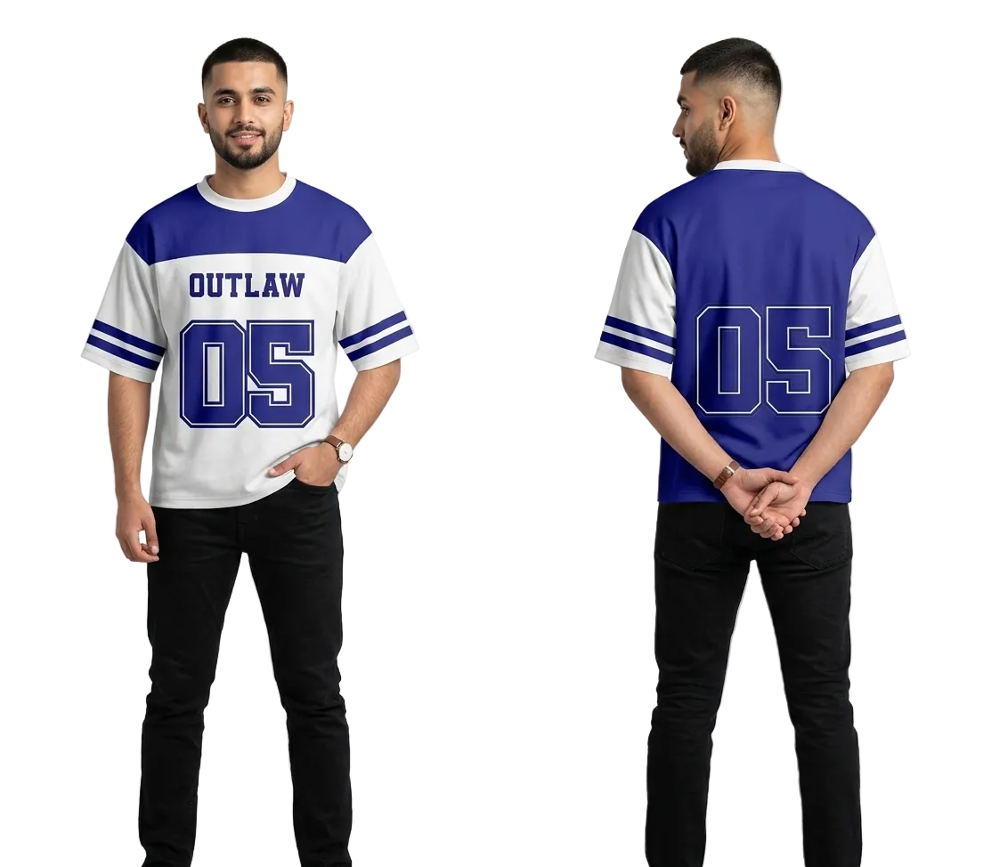 Man wearing a blue and white sports jersey with 'Outlaw 05' text on a white background