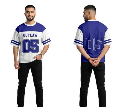 Man wearing a blue and white sports jersey with 'Outlaw 05' text on a white background