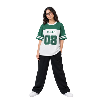 Person wearing a green and white 'Bulls 08' jersey on a white background