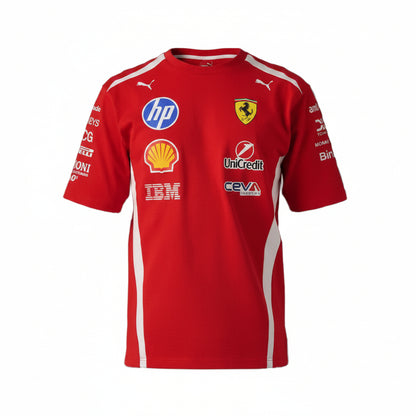 Red sports jersey with various sponsor logos on a black background