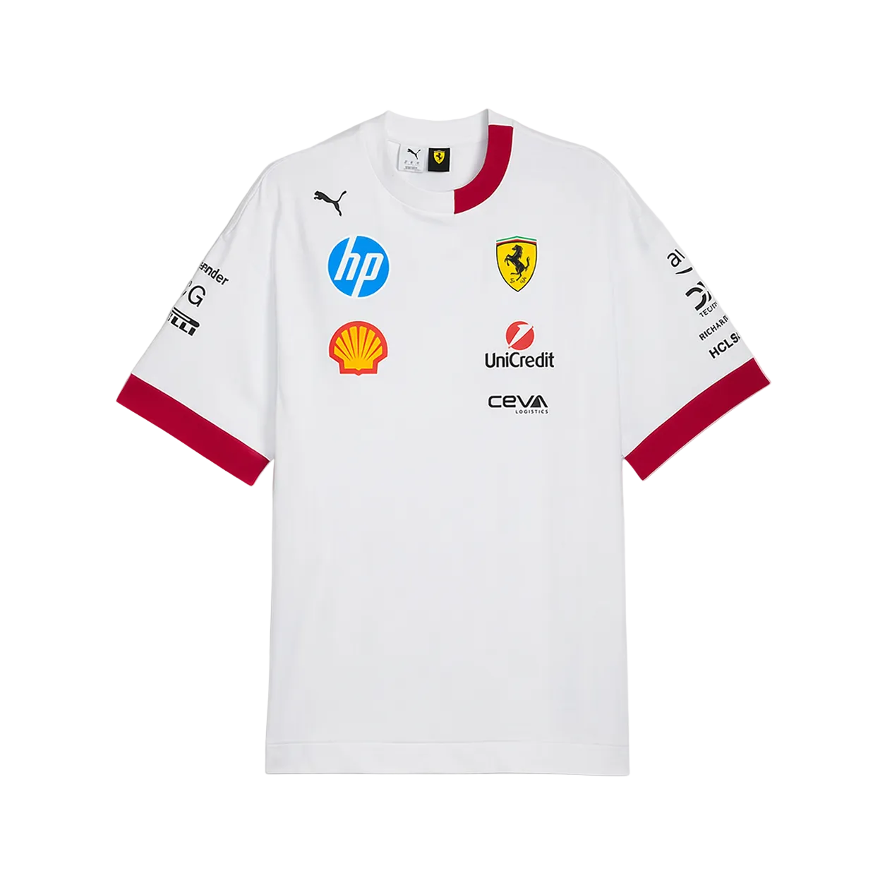 White sports jersey with various brand logos on a light gray background