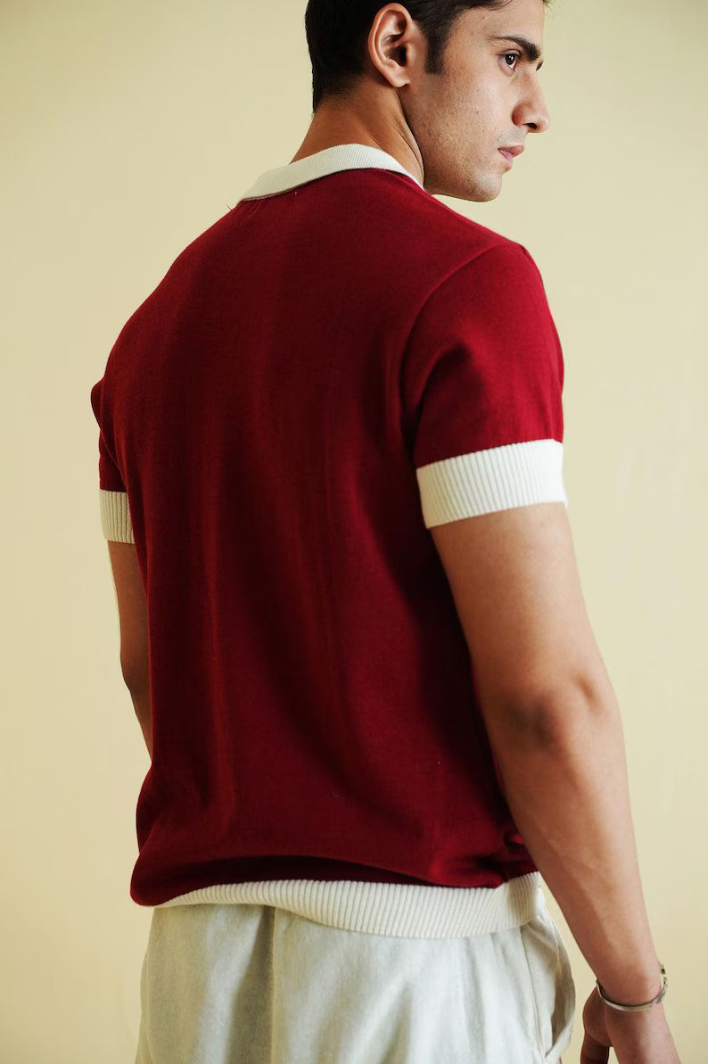 Vintage-Inspired Red Knit Polo Shirt