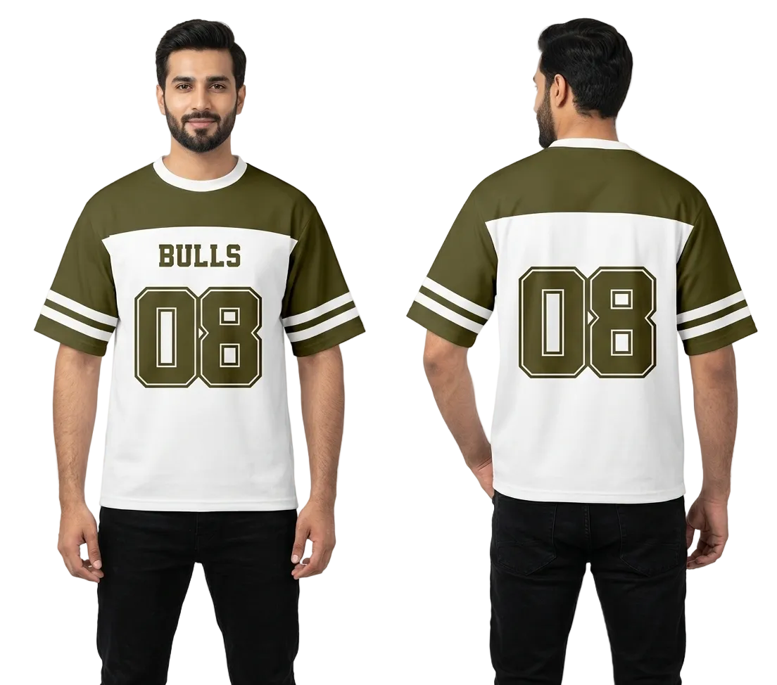 Man wearing a sports jersey with 'Bulls 08' design on a white background