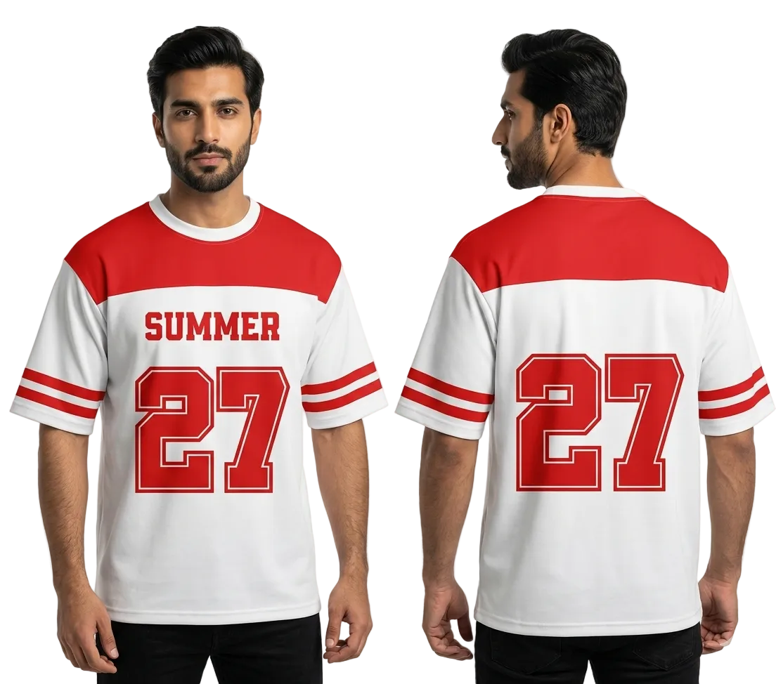 White and red sports jersey with 'SUMMER 27' text on a white background